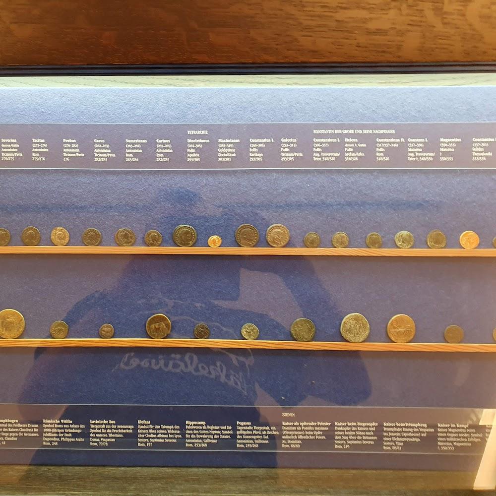 A display of ancient Roman coins.